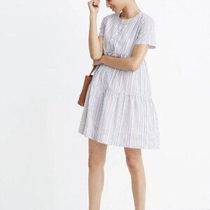 Madewell Womens Size XXS Striped Crewneck Button Front Tiered Mini Dress